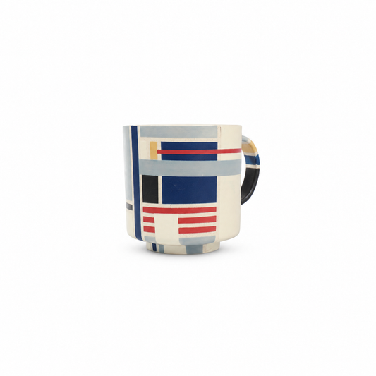 Linework ceramic mug with geometric color-block pattern and handle by abcd studio