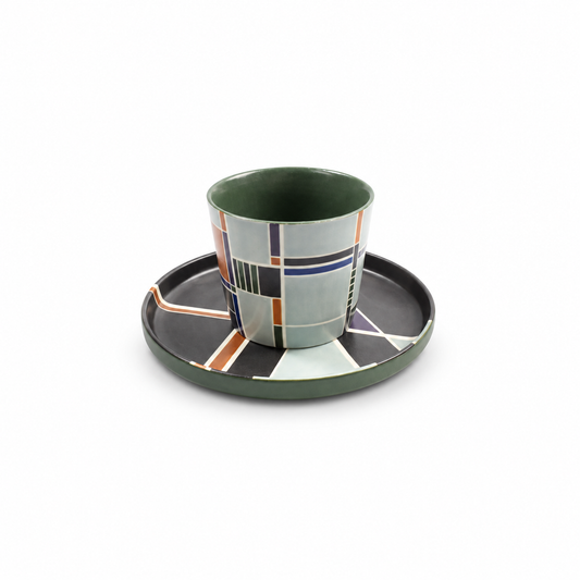 Sage green rim Linework ceramic cup and saucer set with orange, navy and black geometric blocks, abcd studio