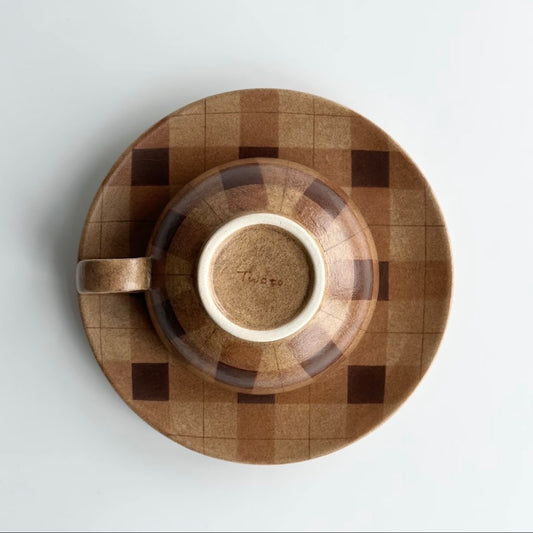 Hand-Painted Brown Gingham Coffee Cup and Saucer Set, 210ml