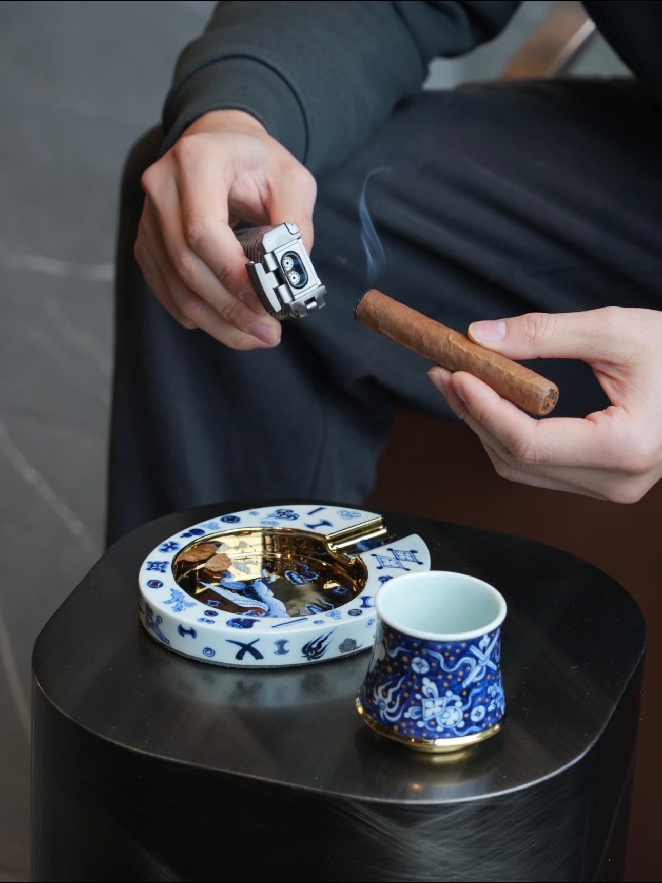 Blue and Gold Porcelain Cigar Ashtray with Flying Horse Motif