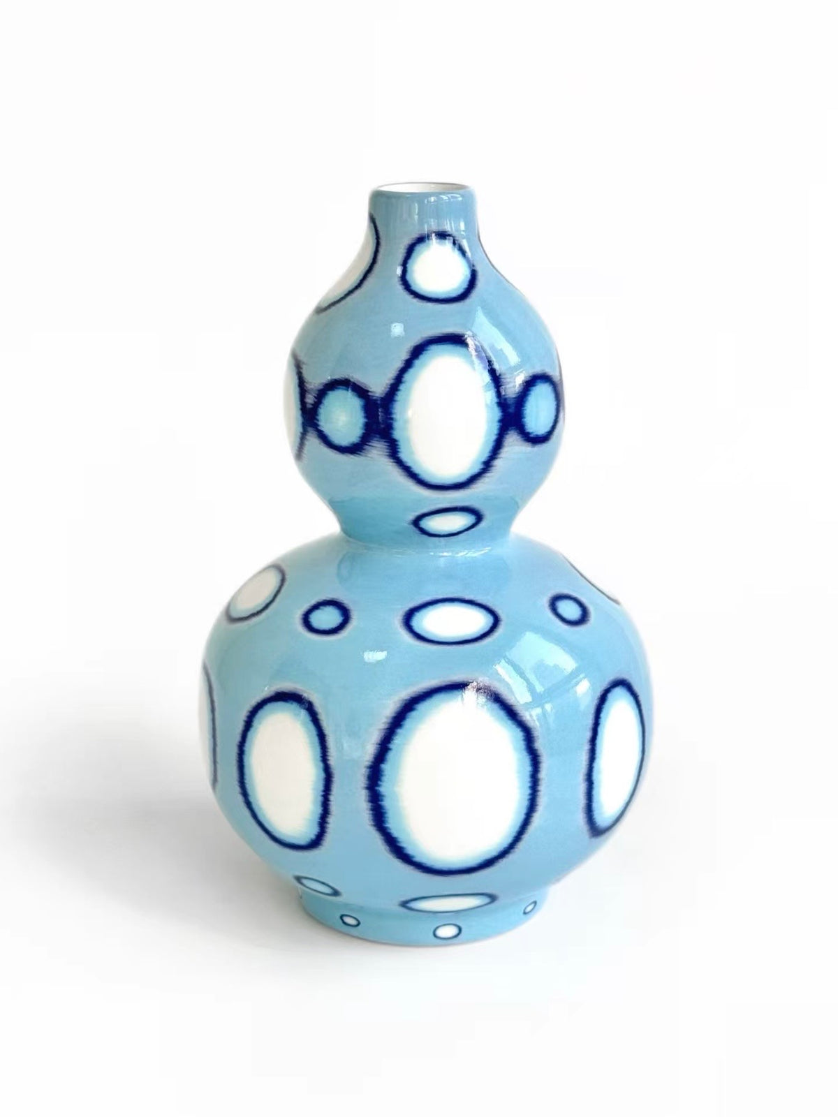 Light blue ceramic double-gourd vase with navy blue circle outline pattern, TalkFun collection
