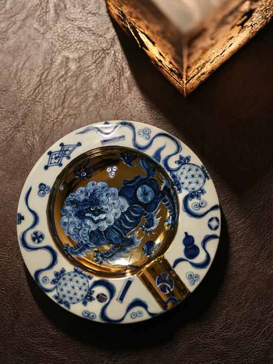 Blue and Gold Porcelain Cigar Ashtray with Lion Motif