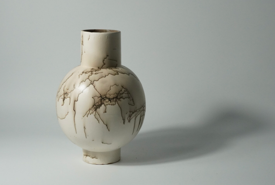 Raku Ceramic Vase with Branching Surface Pattern, 33cm