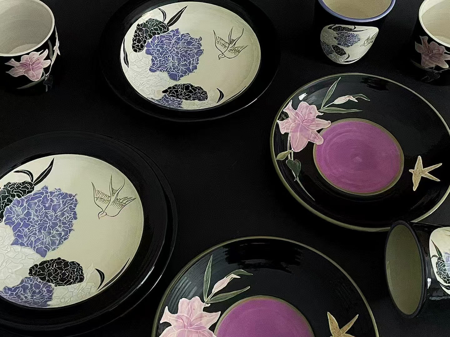 Hand-Painted Ceramic Soup Plate with Floral and Bird Motifs