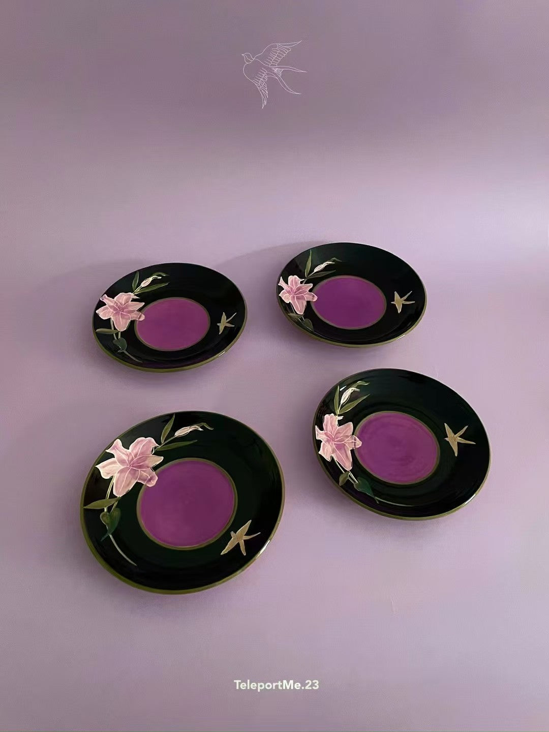 Hand-Painted Ceramic Soup Plate with Floral and Bird Motifs