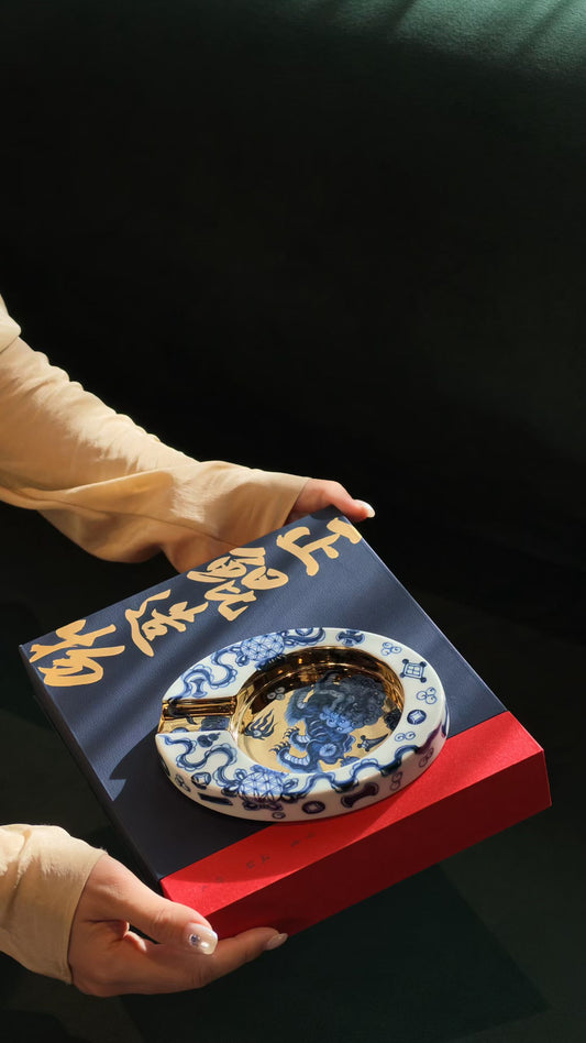 Blue and Gold Porcelain Cigar Ashtray with Lion Motif