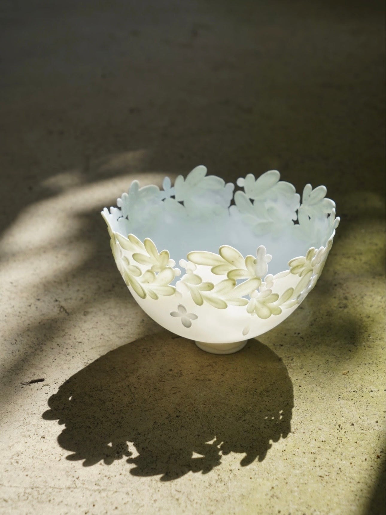 White and Green Porcelain Candle Holder with Floral Relief