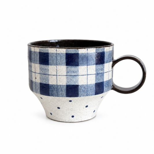 Blue and White Gingham Ceramic Mug with Polka Dots, 330ml