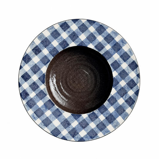 Hand-Painted Blue Gingham Ceramic Dessert Plate, 16.8cm