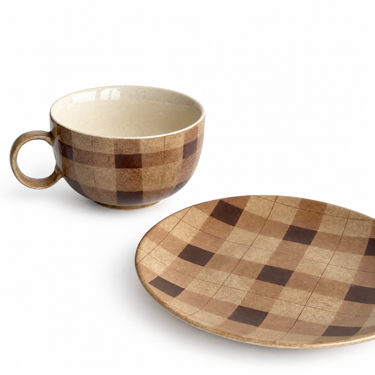 Hand-Painted Brown Gingham Coffee Cup and Saucer Set, 210ml