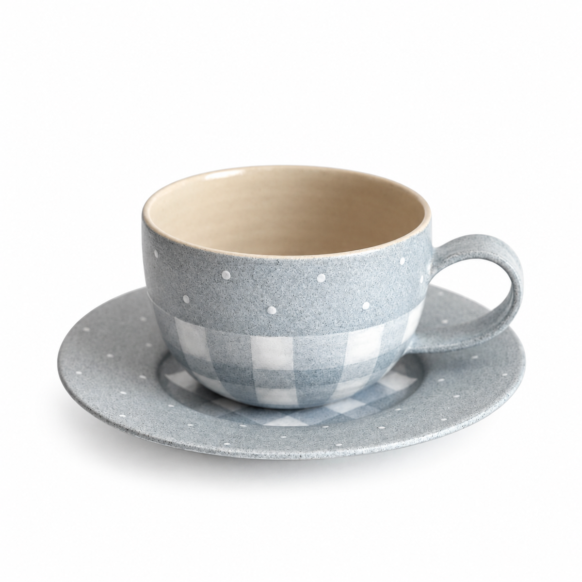 Grey and white gingham ceramic cup and saucer set with polka dot pattern, cream interior, Twoto collection