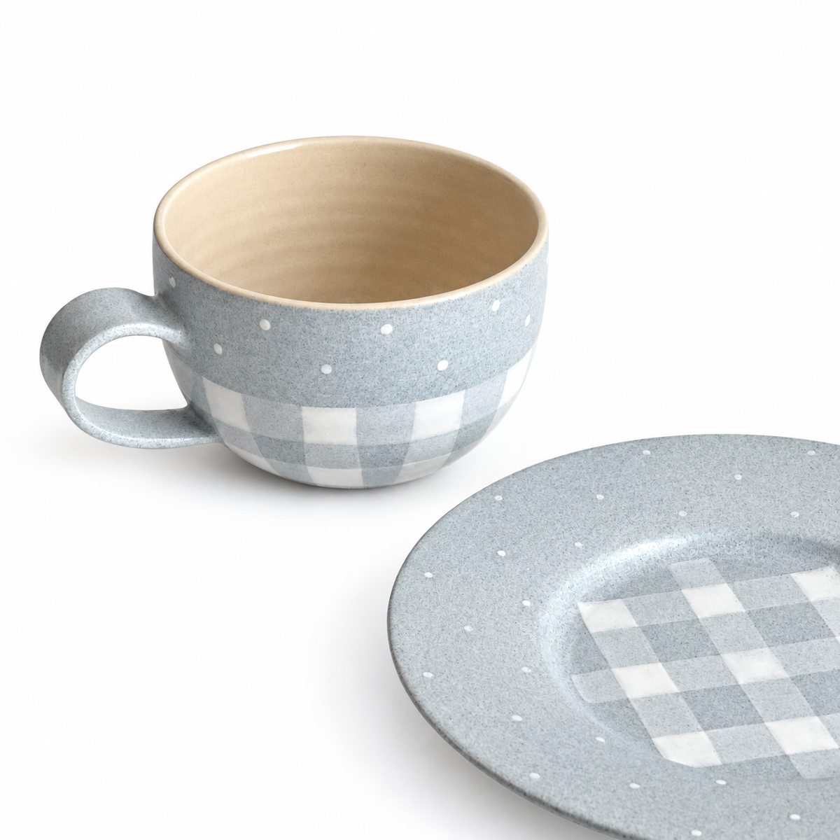 Grey gingham ceramic cup and saucer set, angled side view showing handle, Twoto collection