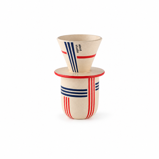 Linework ceramic pour-over coffee dripper and cup set by abcd studio, cream glaze with red and navy stripes, stacked