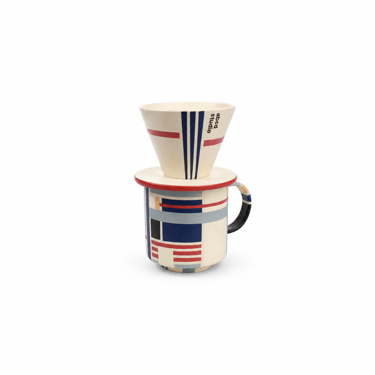 Linework ceramic pour-over coffee dripper with geometric color-block handled mug by abcd studio, stacked