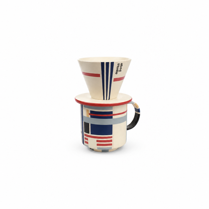 Linework ceramic pour-over coffee dripper with geometric color-block handled mug by abcd studio, stacked