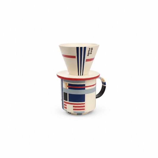 Linework ceramic pour-over coffee dripper with geometric color-block handled mug by abcd studio, stacked