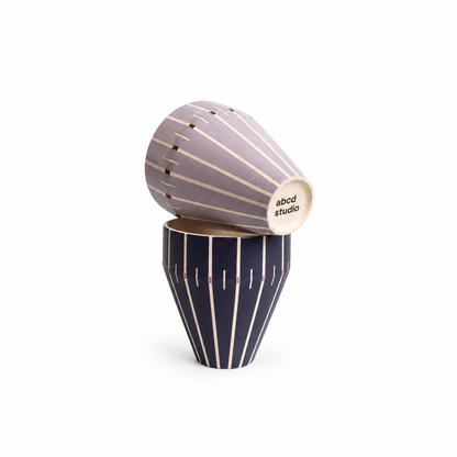 Mauve grey and navy Linework ceramic tumblers by abcd studio, hand-painted vertical line pattern