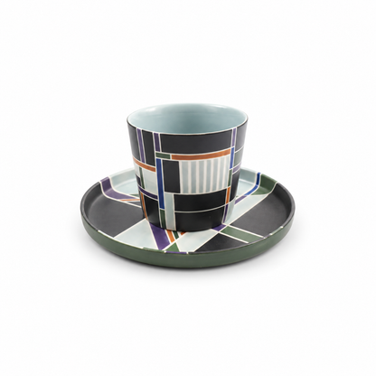 Charcoal black Linework ceramic cup and saucer set with grey, purple and orange geometric blocks, abcd studio