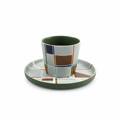Stone grey Linework ceramic cup and saucer set with navy, brown and blue geometric blocks, abcd studio
