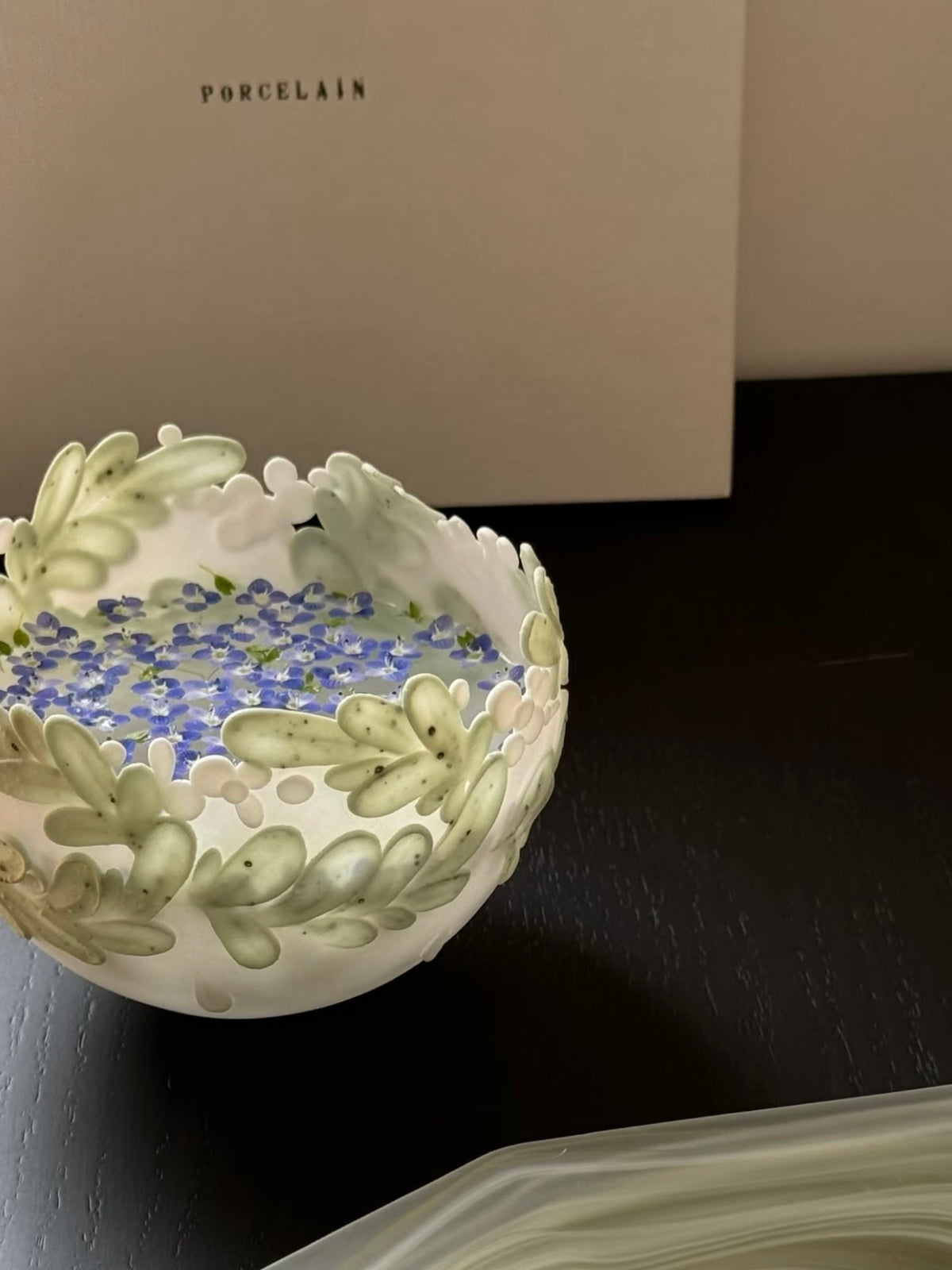 White and Green Porcelain Candle Holder with Floral Relief