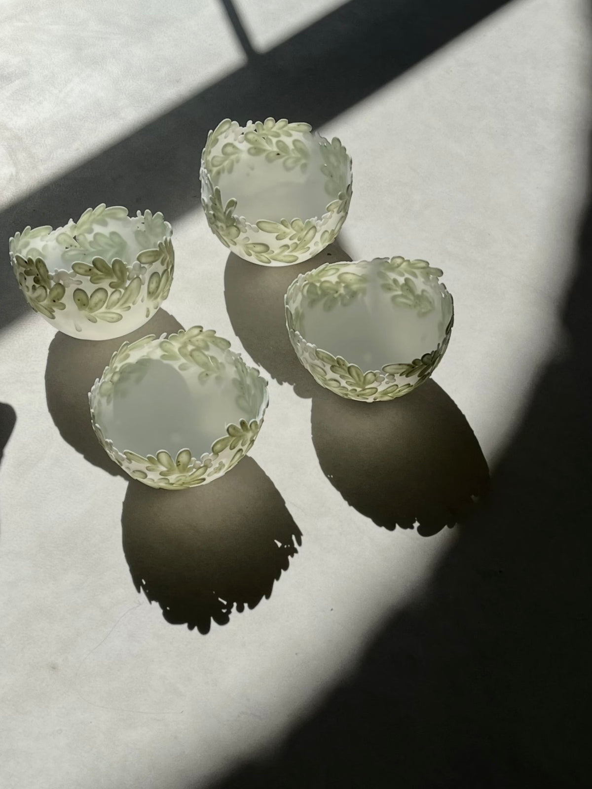White and Green Porcelain Candle Holder with Floral Relief
