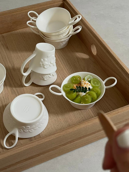 White Porcelain Dessert Bowl with Laurel Relief, 260ml