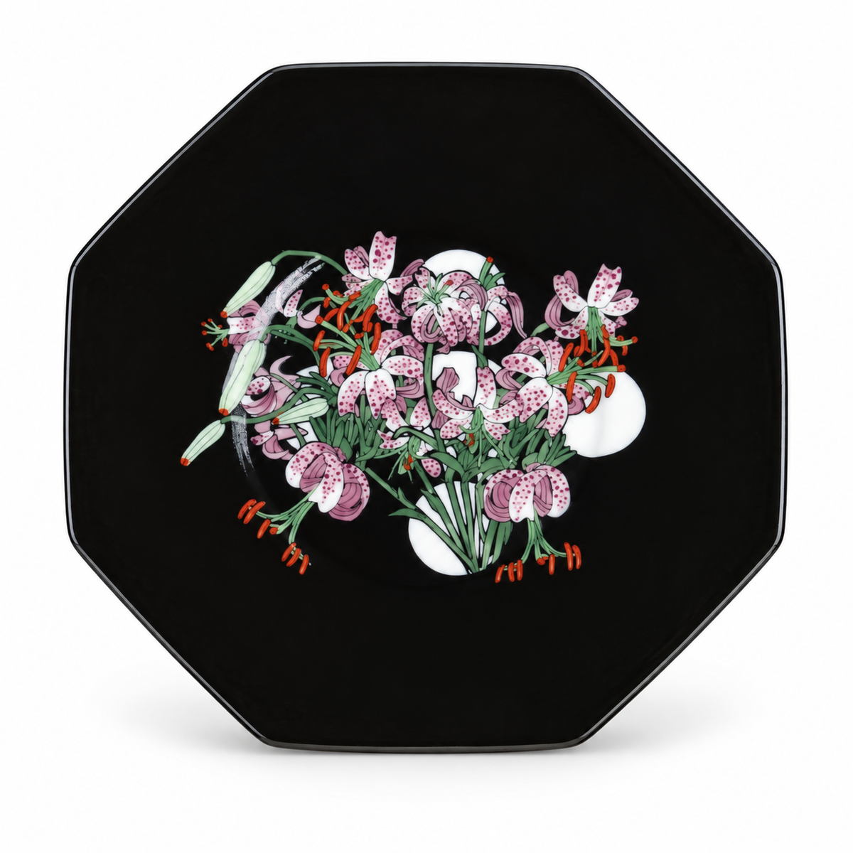 Black octagonal porcelain plate hand-painted with a pink tiger lily bouquet