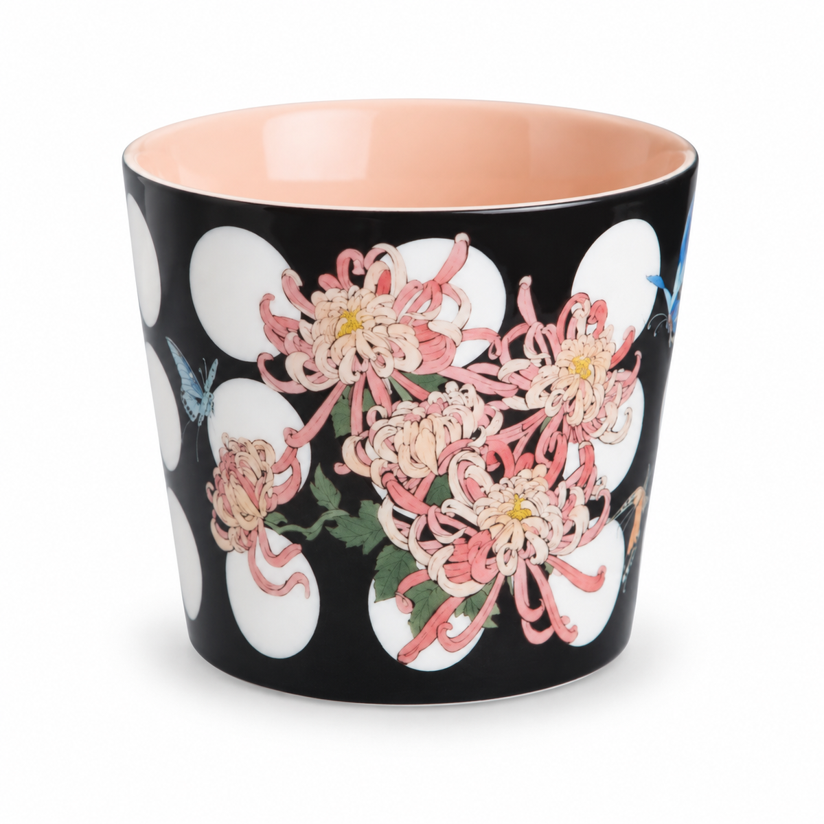 Black porcelain tumbler hand-painted with pink chrysanthemums and butterflies, peach interior