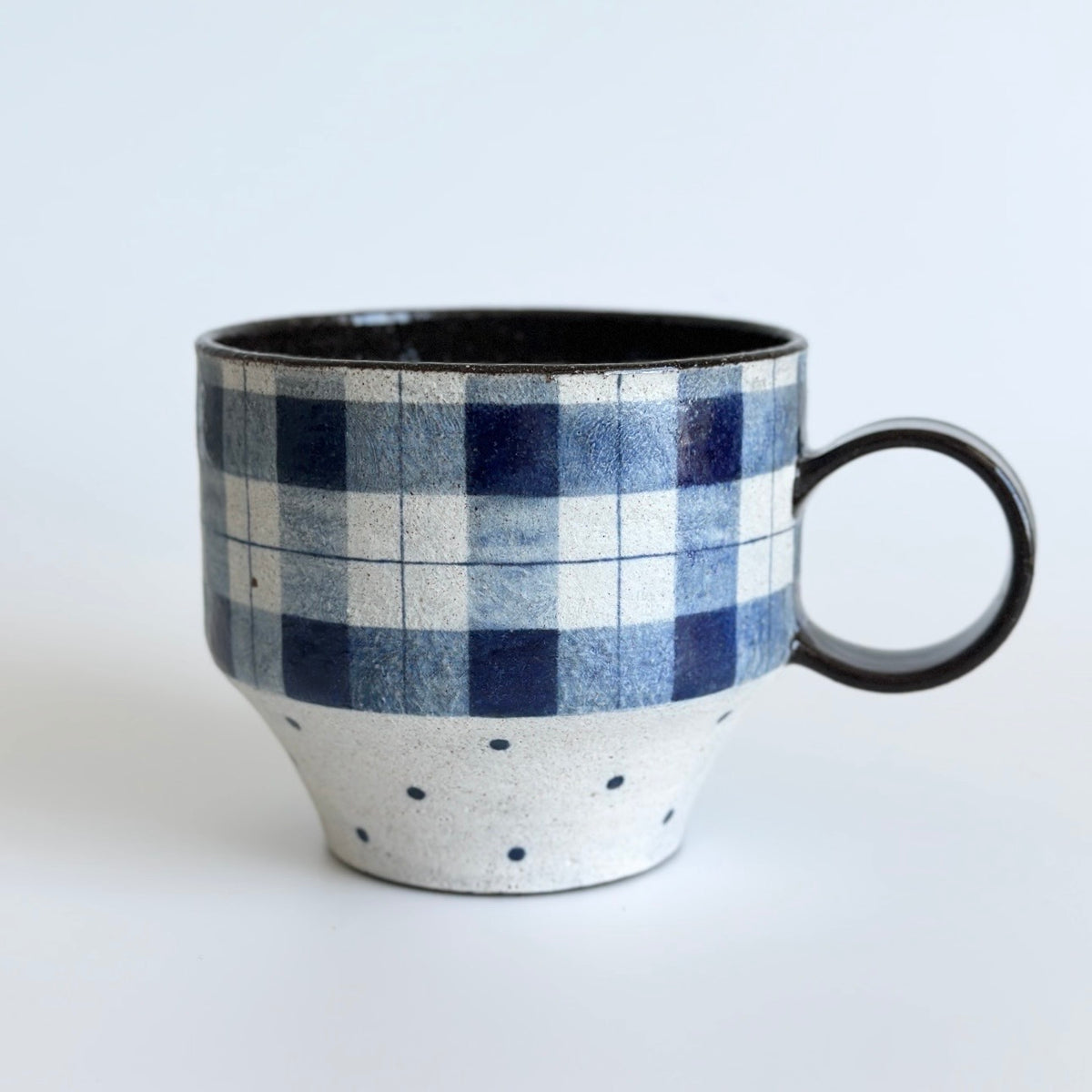 Blue and White Gingham Ceramic Mug with Polka Dots, 330ml