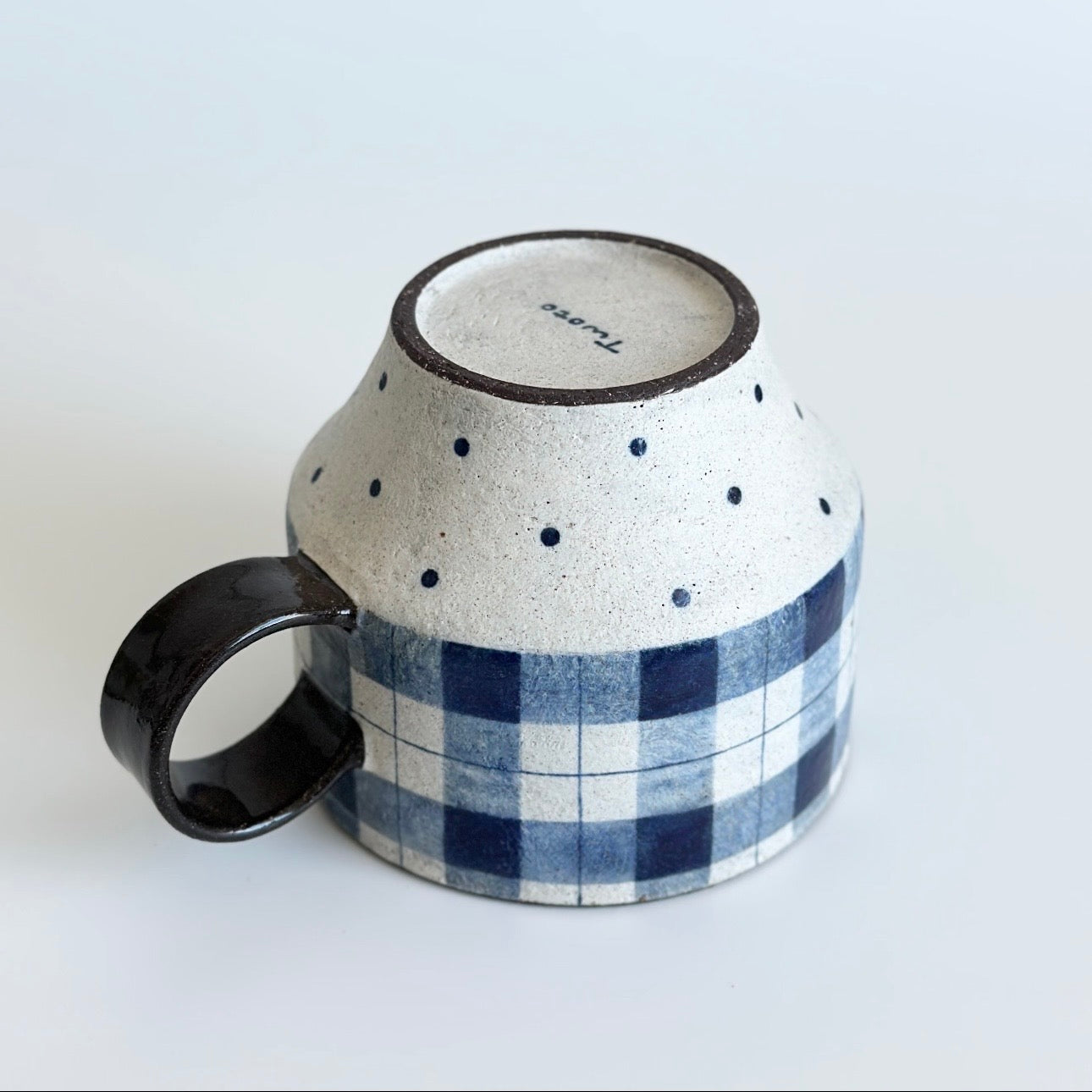 Blue and White Gingham Ceramic Mug with Polka Dots, 330ml