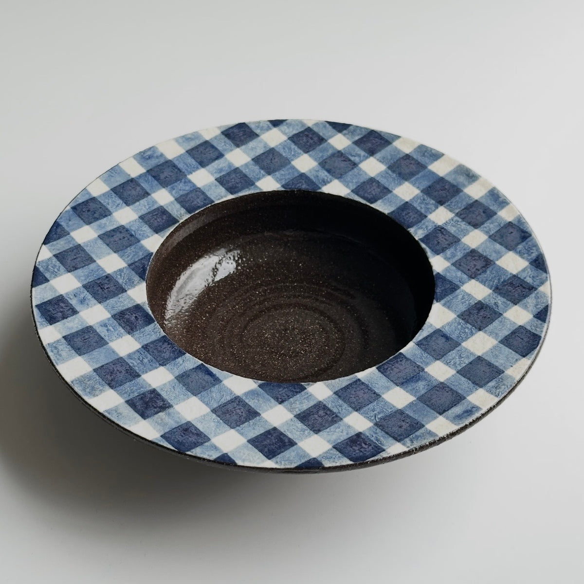 Hand-Painted Blue Gingham Ceramic Dessert Plate, 16.8cm