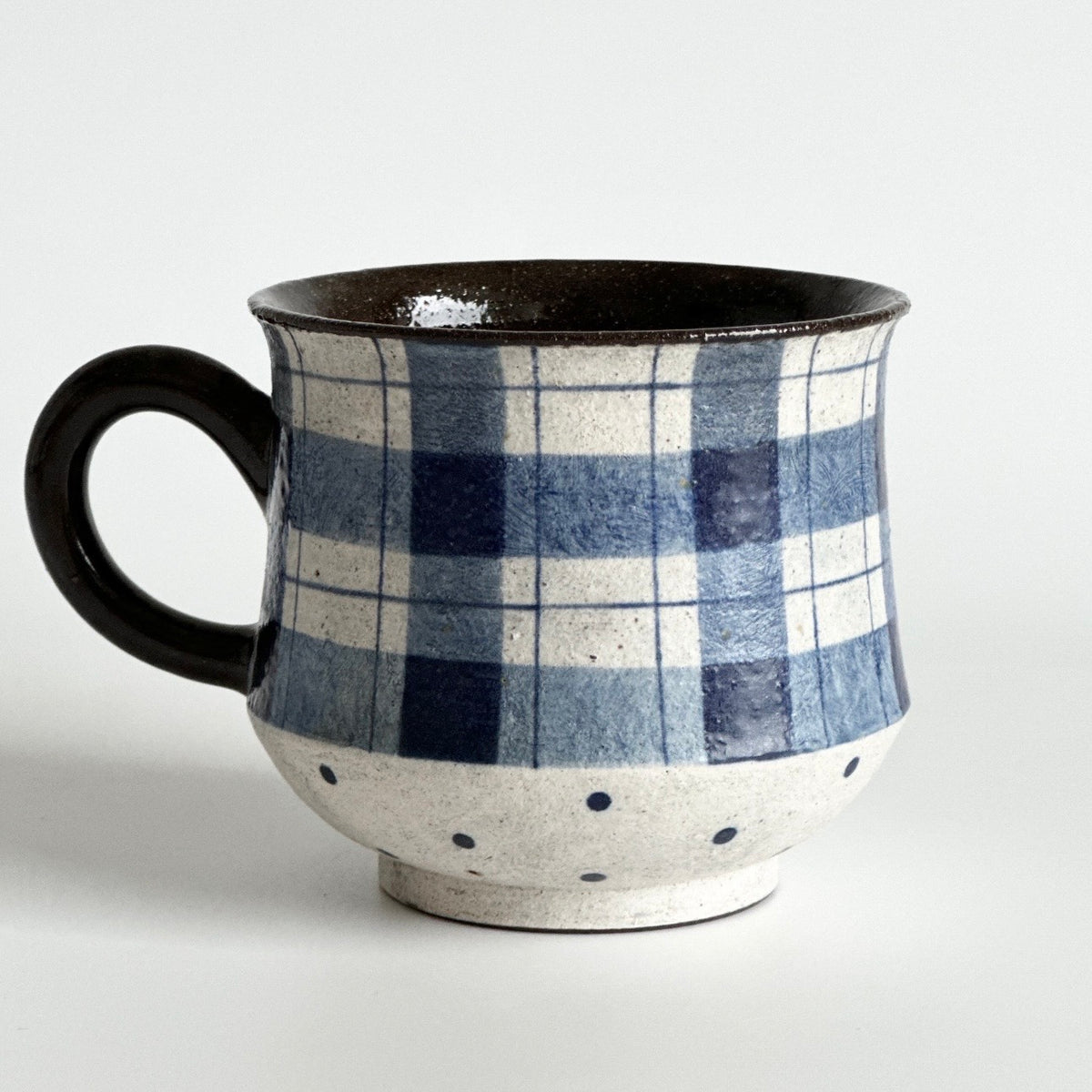 Blue and White Gingham Ceramic Mug with Polka Dots, 330ml