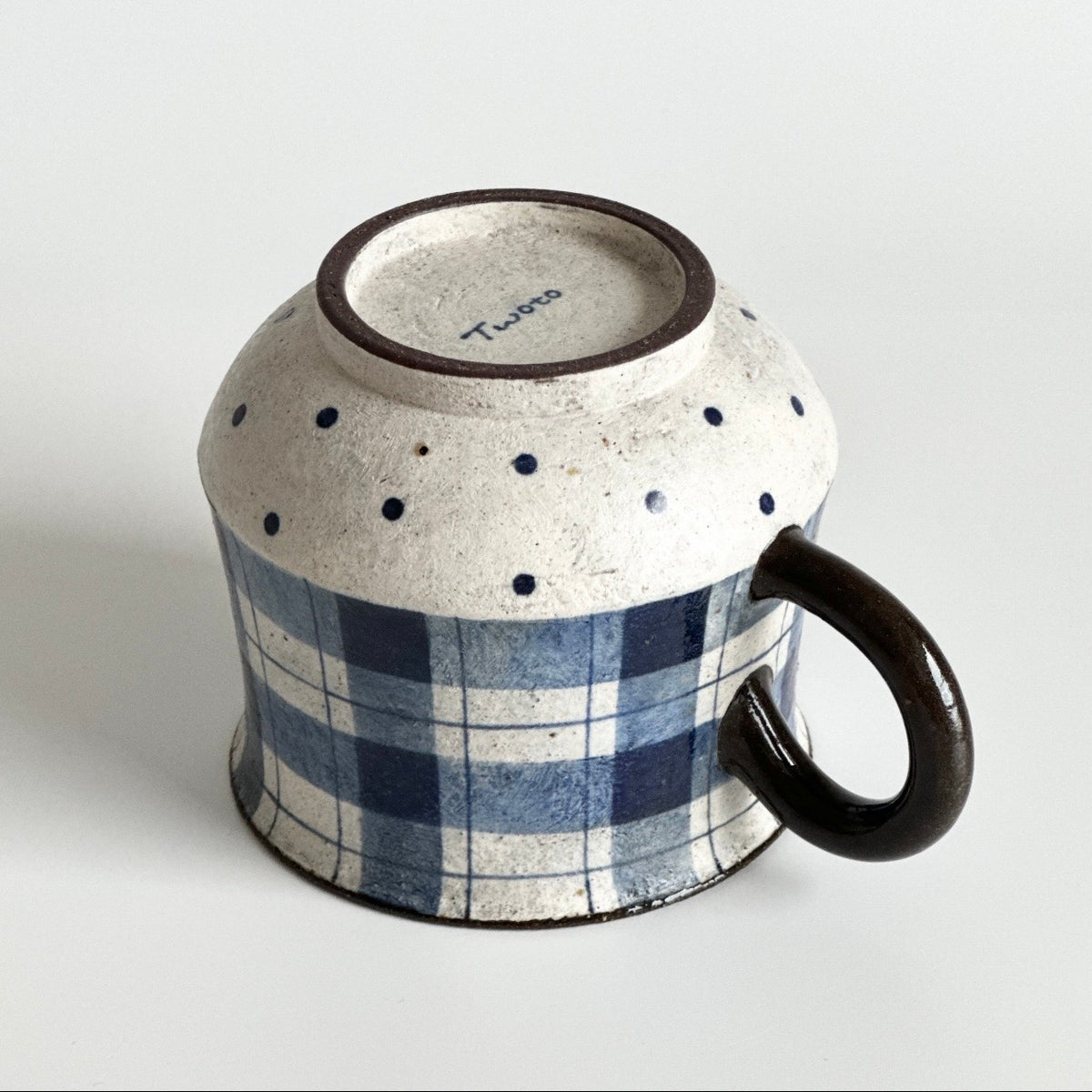 Blue and White Gingham Ceramic Mug with Polka Dots, 330ml