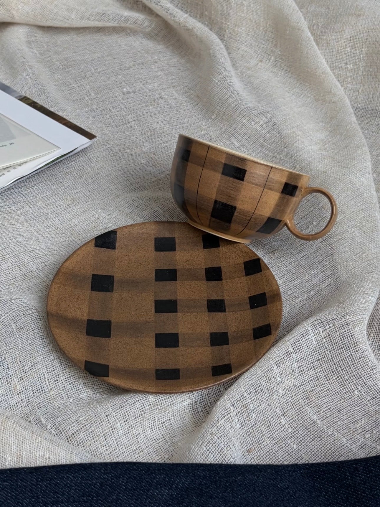 Hand-Painted Brown Gingham Coffee Cup and Saucer Set, 210ml