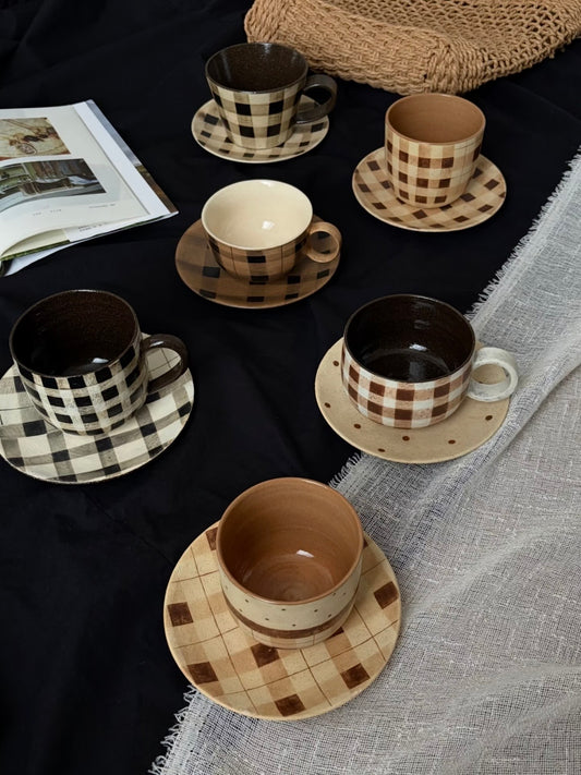 Hand-Painted Brown Gingham Coffee Cup and Saucer Set, 210ml