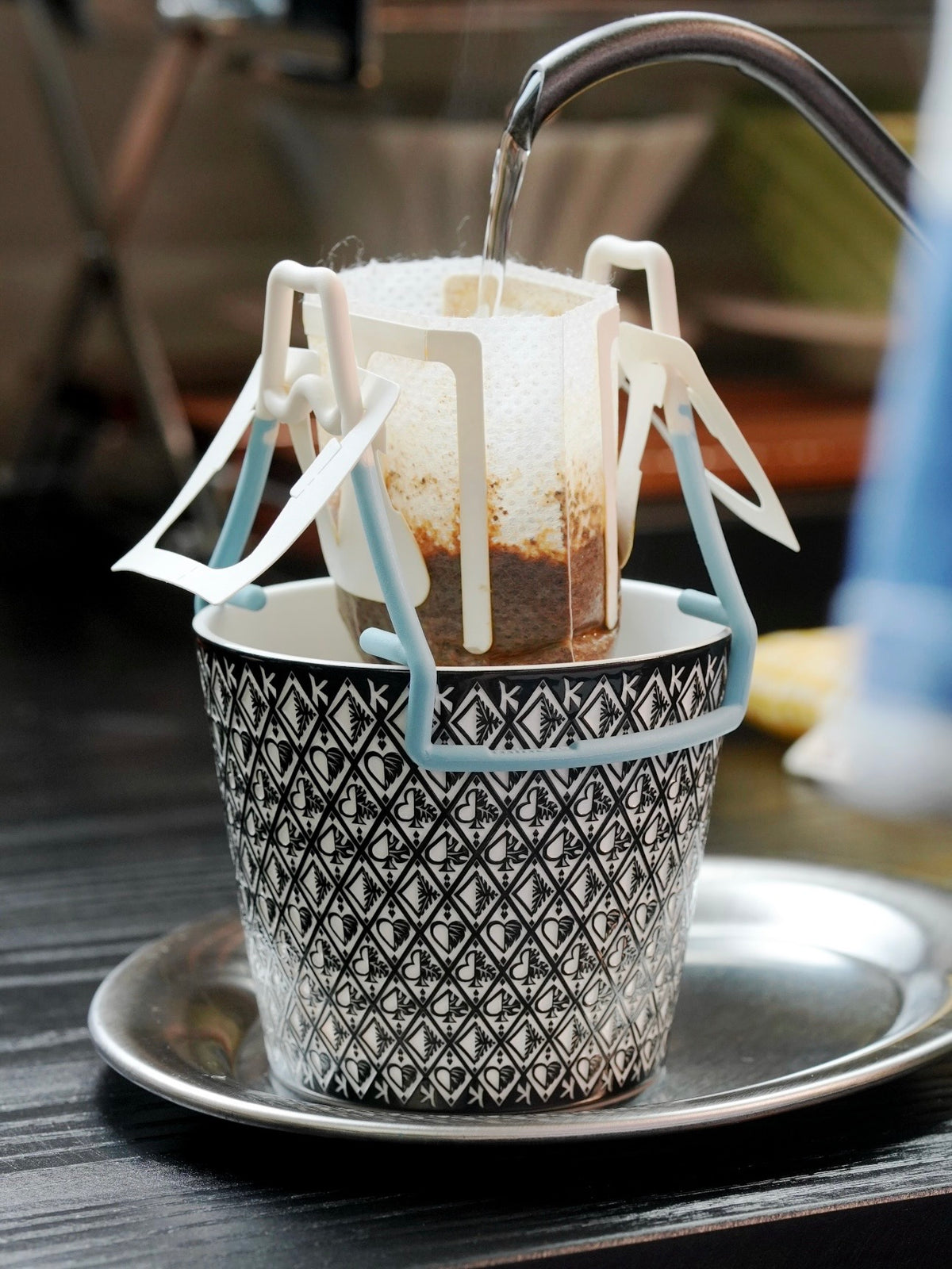 Porcelain Coffee Cup with Black and White Card Motif, 230ml