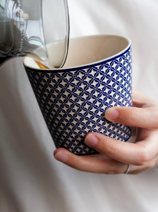 Porcelain Coffee Cup with Blue Geometric Pattern, 230ml