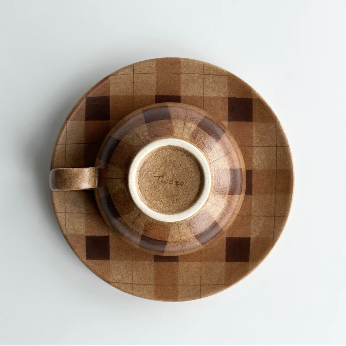 Hand-Painted Brown Gingham Coffee Cup and Saucer Set, 210ml