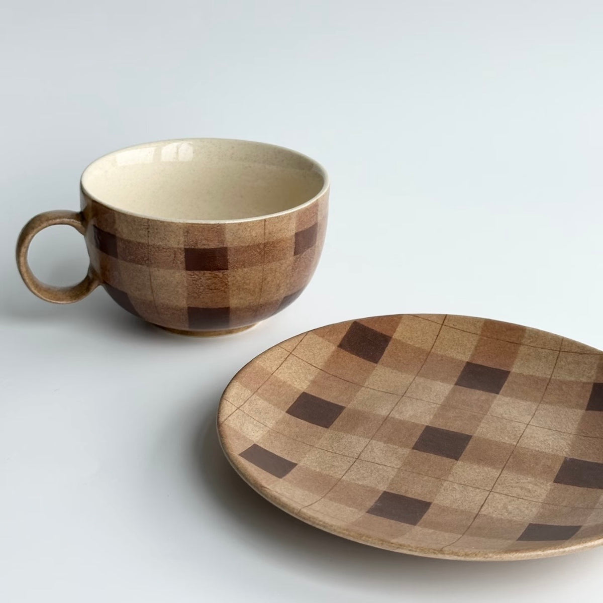 Hand-Painted Brown Gingham Coffee Cup and Saucer Set, 210ml
