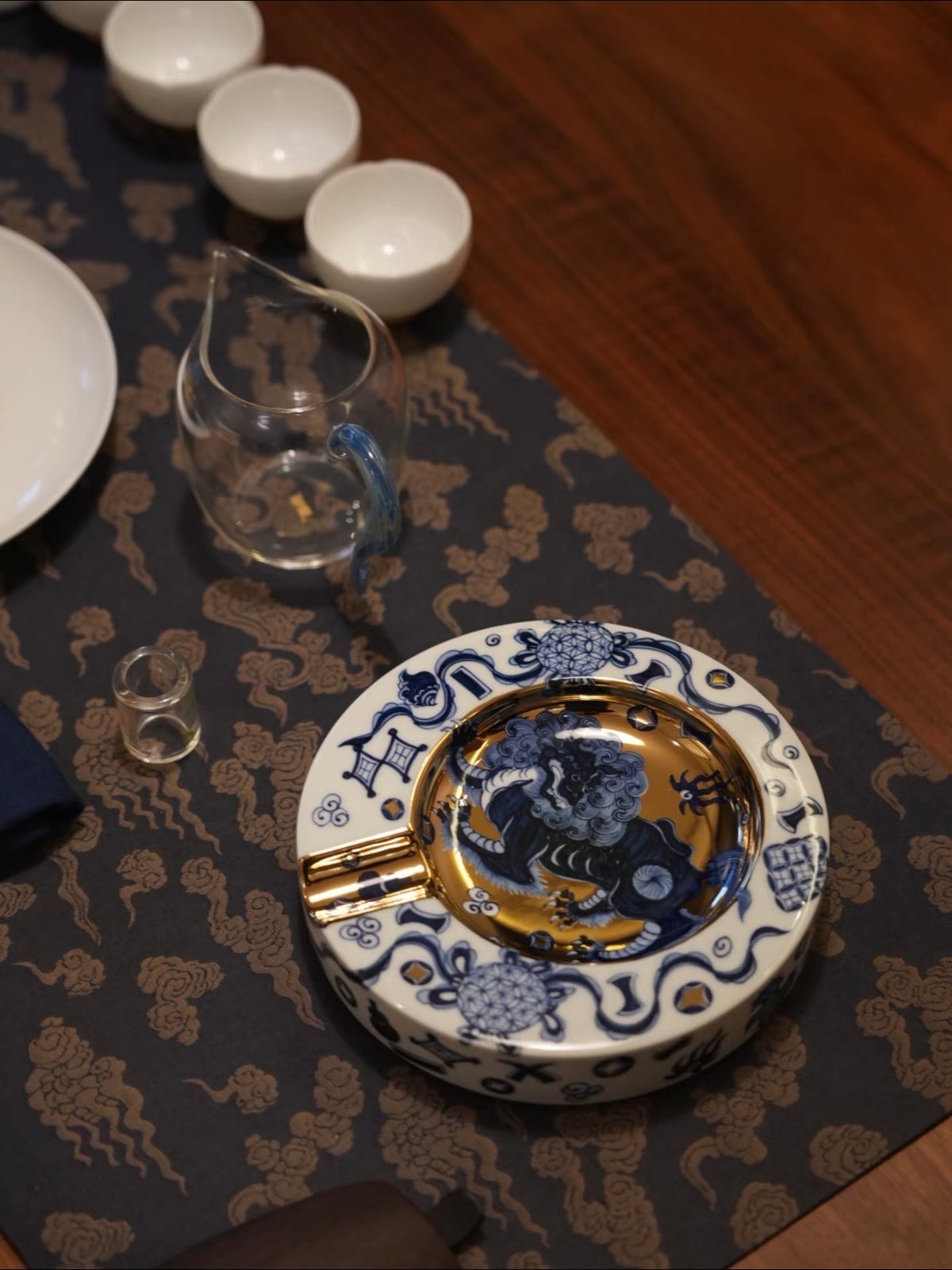 Blue and Gold Porcelain Cigar Ashtray with Lion Motif