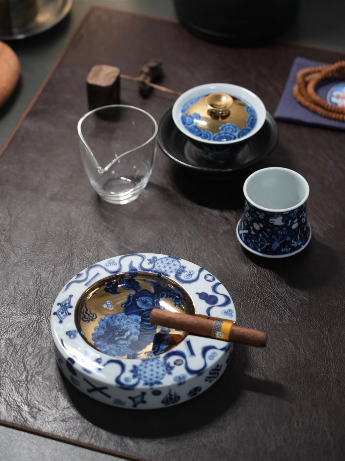 Blue and Gold Porcelain Cigar Ashtray with Lion Motif