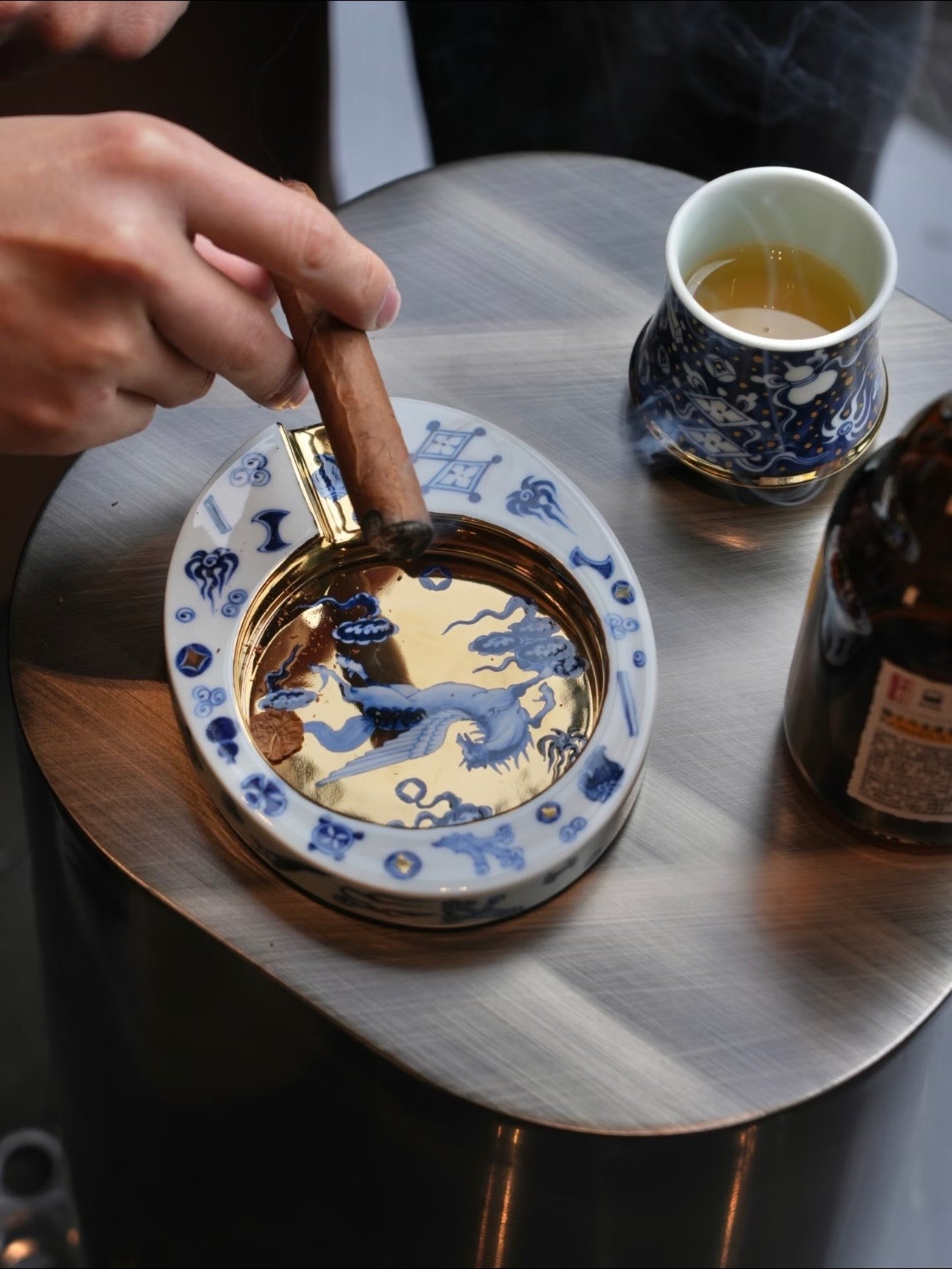 Blue and Gold Porcelain Cigar Ashtray with Flying Horse Motif