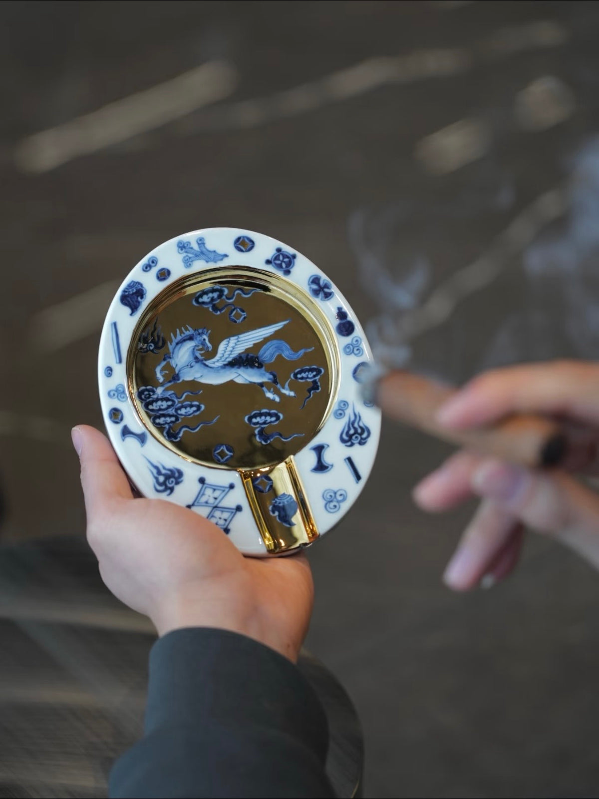 Blue and Gold Porcelain Cigar Ashtray with Flying Horse Motif