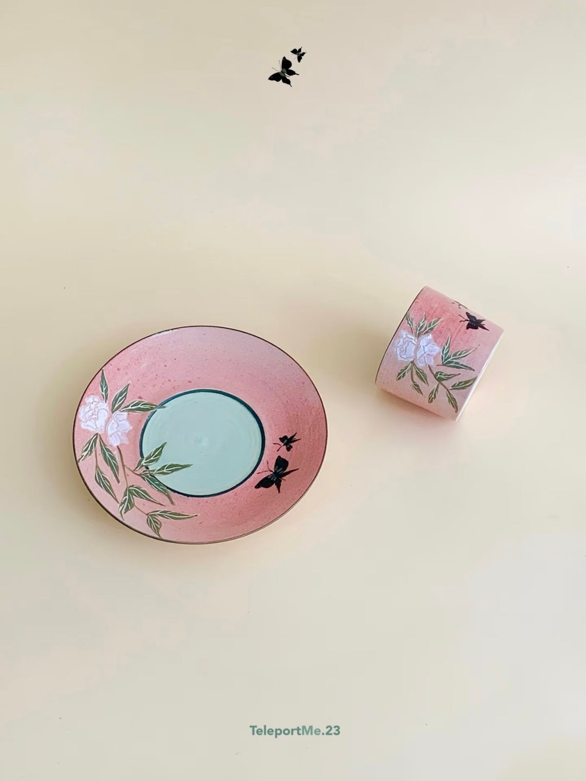 Pink Hand-Painted Ceramic Plate with Floral and Bird Motifs