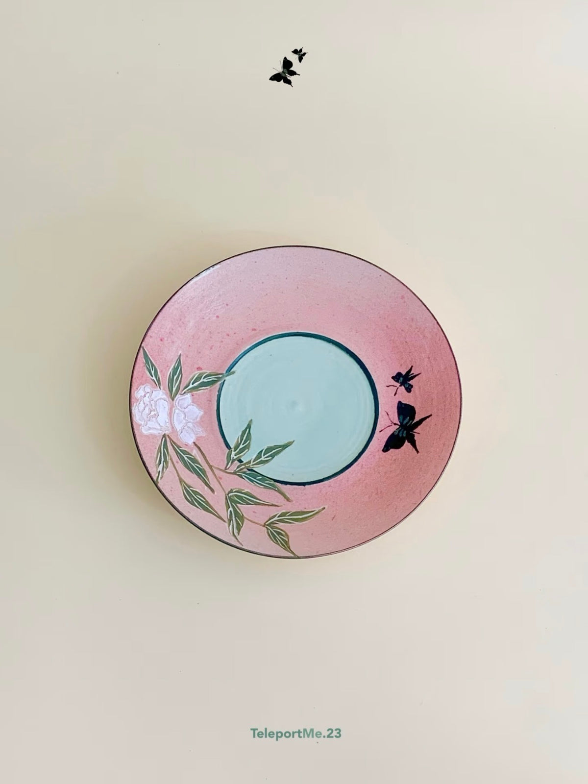Pink Hand-Painted Ceramic Plate with Floral and Bird Motifs