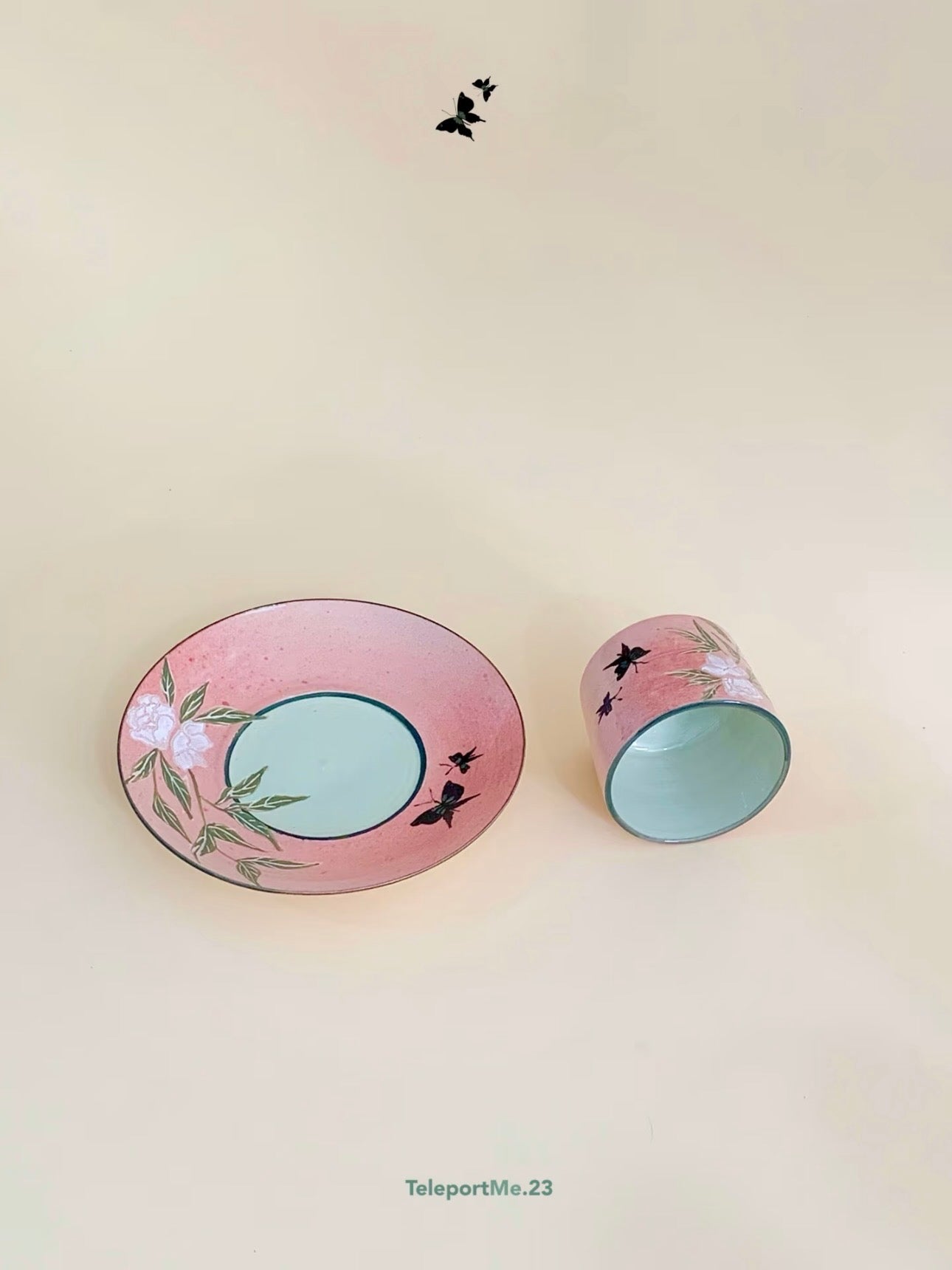 Pink Hand-Painted Ceramic Plate with Floral and Bird Motifs