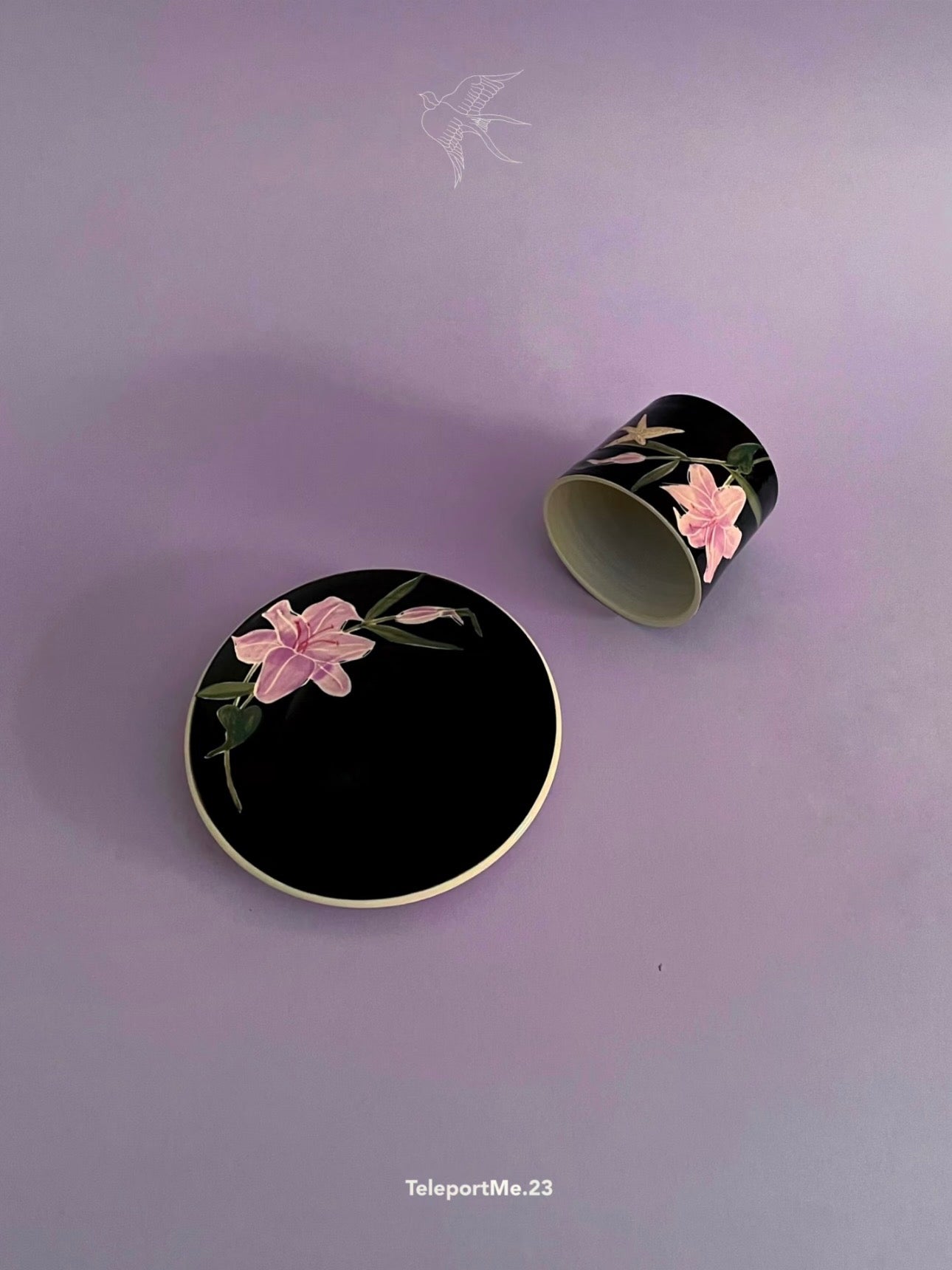 Pink Hand-Painted Ceramic Plate with Floral and Bird Motifs