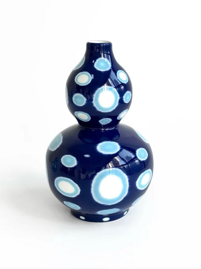 Navy blue double-gourd shaped ceramic vase with white polka dot pattern, TalkFun collection