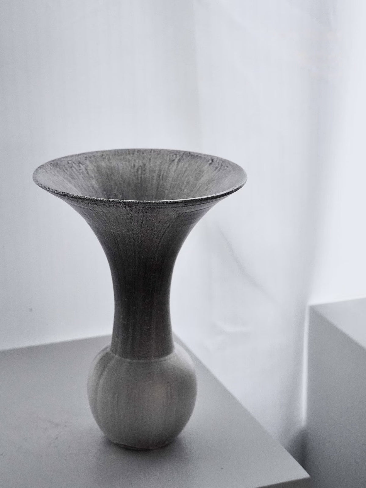 Silver-Glazed Ceramic Vase with Sculptural Flared Rim
