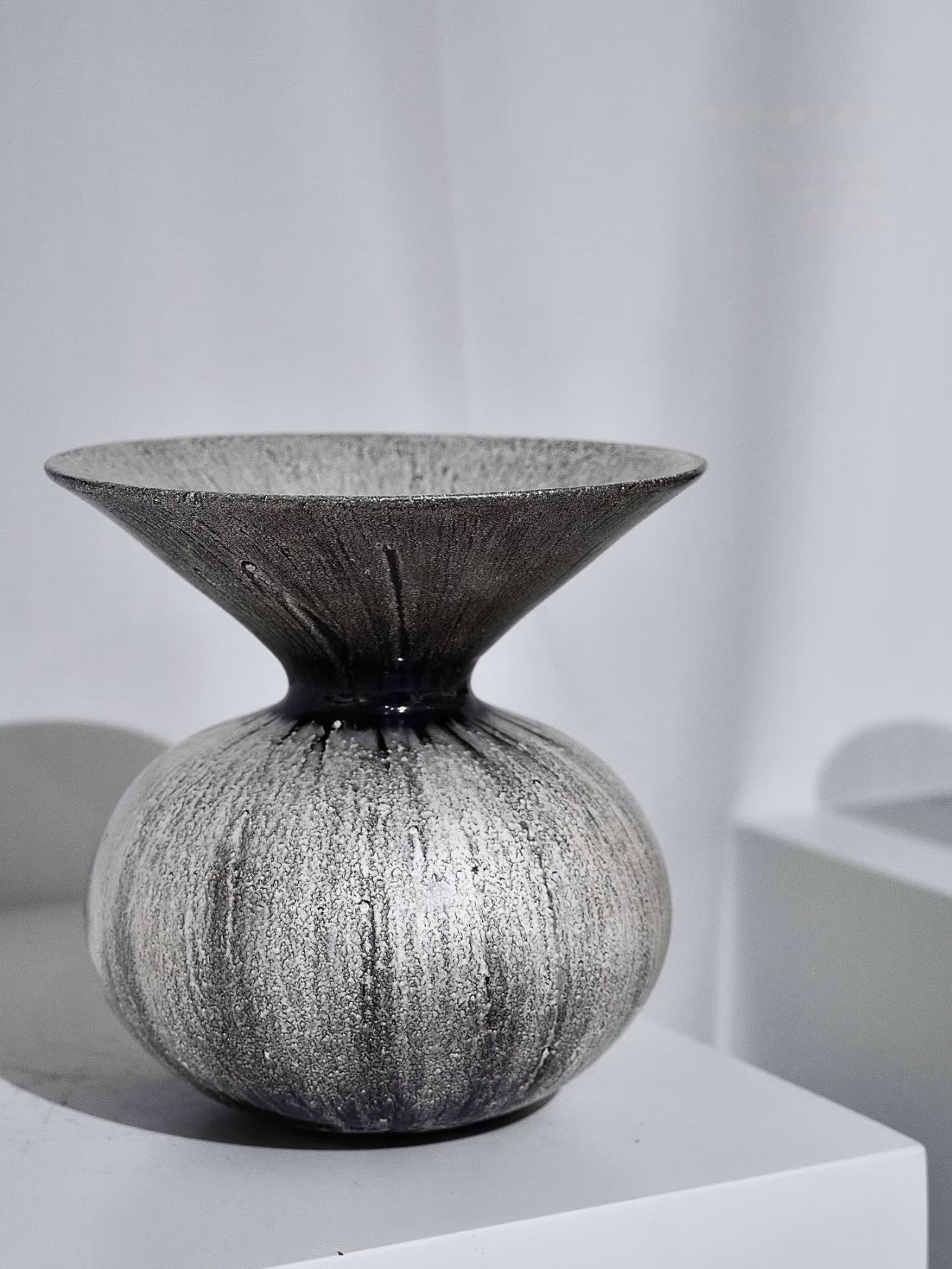 Silver-Glazed Ceramic Vase with Sculptural Flared Rim